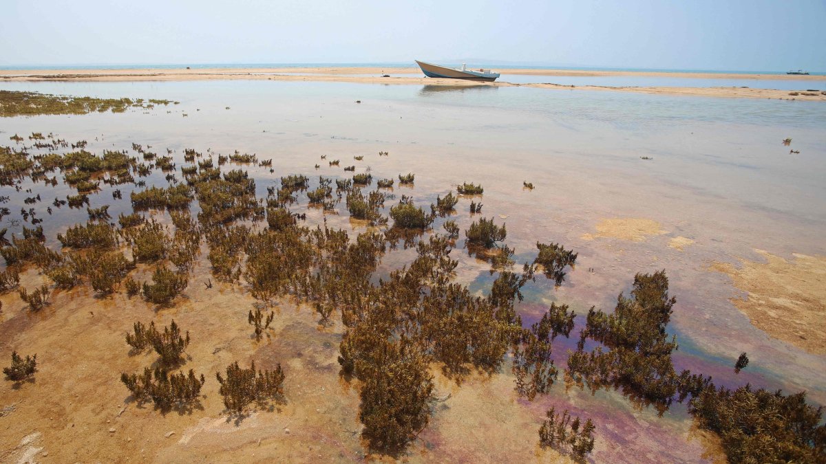 An oil slick along the southern coast of Qeshm Island is seen as tankers have been frequently targeted in the Gulf region, Iran, Aug. 23, 2026. (AFP Photo)