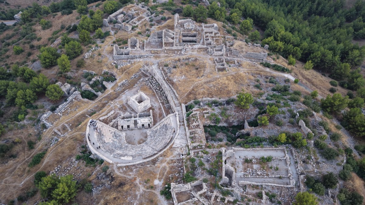 An aerial view of the archaeological site of the ancient Lycian city of Rhodiapolis, Antalya, southern Türkiye, Aug. 16, 2026. (AA Photo)