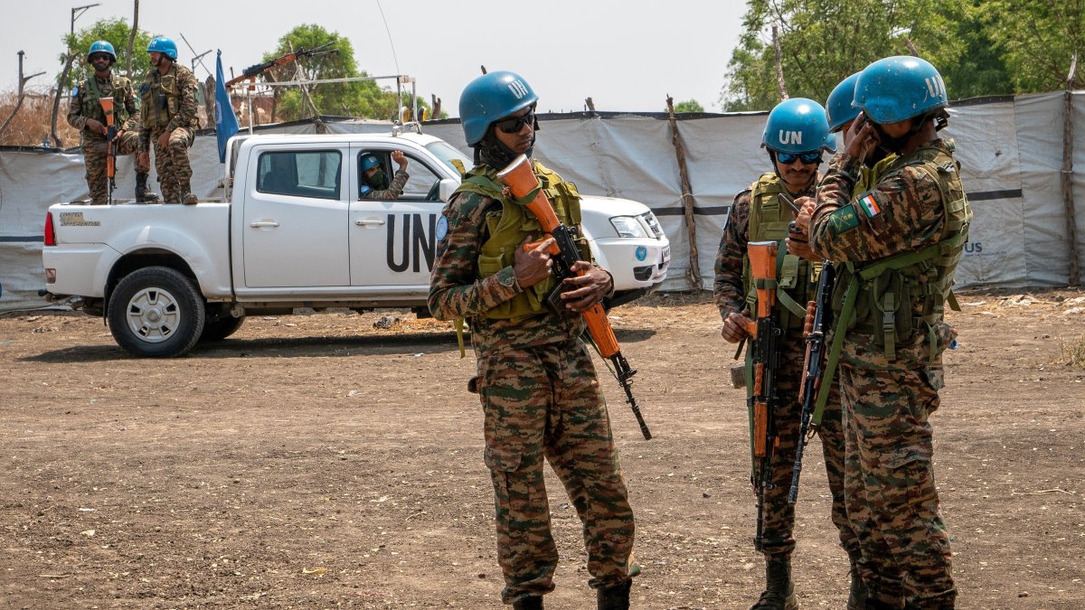 FILE - United Nations peacekeepers stand near an airstrip in Akobo, South Sudan, Saturday, Feb. 21, 2026. (AP Photo/Florence Miettaux, file)