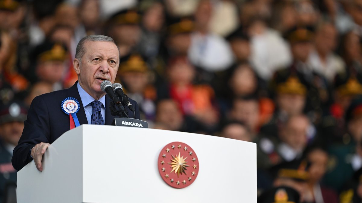President Recep Tayyip Erdoğan speaks at the Gendarmerie and Coast Guard graduation ceremony, Aug. 13, 2026. (AA Photo)