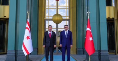 Vice President Cevdet Yılmaz (R) meets with the Turkish Republic of Northern Cyprus (TRNC) Prime Minister Ünal Üstel at the Presidential Complex, Ankara, Türkiye, Aug. 19, 2026. (AA Photo)