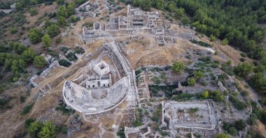 An aerial view of the archaeological site of the ancient Lycian city of Rhodiapolis, Antalya, southern Türkiye, Aug. 16, 2026. (AA Photo)