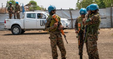 FILE - United Nations peacekeepers stand near an airstrip in Akobo, South Sudan, Saturday, Feb. 21, 2026. (AP Photo/Florence Miettaux, file)
