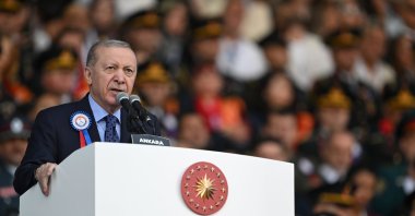President Recep Tayyip Erdoğan speaks at the Gendarmerie and Coast Guard graduation ceremony, Aug. 13, 2026. (AA Photo)