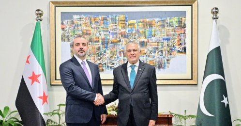 Syrian Foreign Minister Asaad Hassan al-Shaibani meets Pakistan's Prime Minister Shehbaz Sharif in Islamabad, Aug. 20, 2026. (IHA Photo)