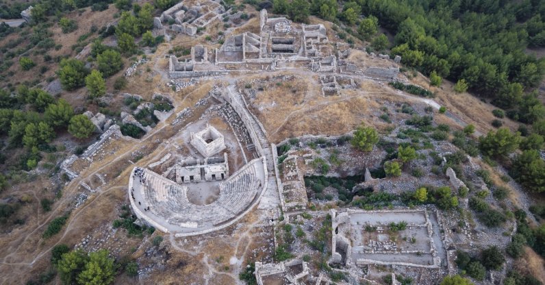 An aerial view of the archaeological site of the ancient Lycian city of Rhodiapolis, Antalya, southern Türkiye, Aug. 16, 2026. (AA Photo)