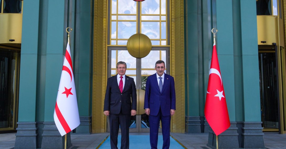 Vice President Cevdet Yılmaz (R) meets with the Turkish Republic of Northern Cyprus (TRNC) Prime Minister Ünal Üstel at the Presidential Complex, Ankara, Türkiye, Aug. 19, 2026. (AA Photo)