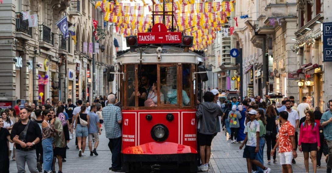 A general view of Istiklal Street with the famous red tram and people walking, Istanbul, Türkiye, May 30, 2023. (Shutterstock Photo)