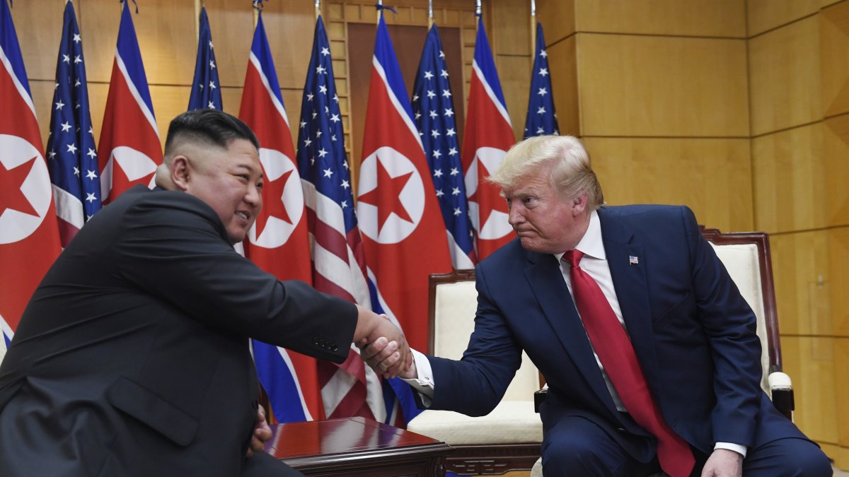 President Donald Trump meets with North Korean leader Kim Jong Un at the border village of Panmunjom in the Demilitarized Zone, South Korea, June 30, 2019. (AP Photo)