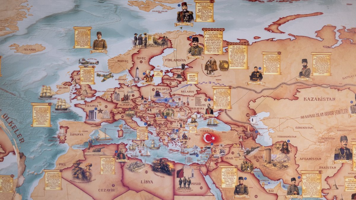 A map prepared by Türkiye’s Defense Ministry General Directorate of Mapping shows 172 Turkish military cemeteries and memorials across 48 countries, Ankara, Türkiye, Aug. 21, 2026. (AA Photo)