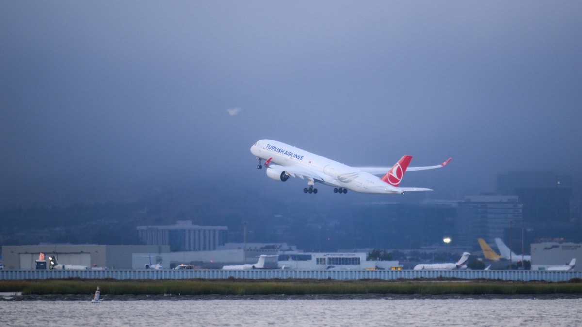 A Turkish Airlines plane takes off from the San Francisco International Airport, California, U.S., Aug. 18, 2026. (AA Photo)