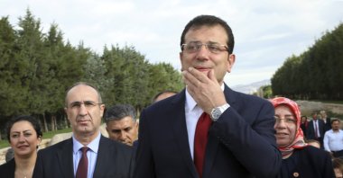 Ekrem Imamoğlu, jailed former mayor of Istanbul, and his colleagues visit the mausoleum of Mustafa Kemal Atatürk, Ankara, Türkiye, July 12, 2019. (AP Photo)