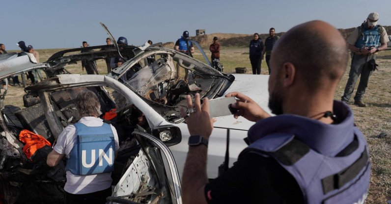 U.N. staff members inspect the remains of a car used by U.S.-based aid group World Central Kitchen that was hit by an Israeli strike the previous day, Deir al-Balah, Gaza Strip, Palestine, April 2, 2024. (AFP File Photo)