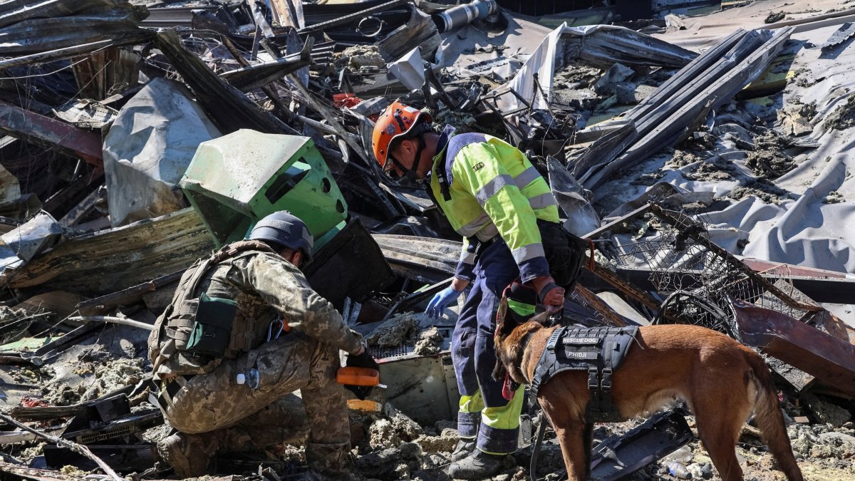 Rescuers with a dog work at a site of a shopping centre destroyed by yesterday's Russian drone attack, amid Russia's attack on Ukraine, in the city of Kryvyi Rih, Dnipropetrovsk region, Ukraine, Aug. 22, 2026. (Reuters Photo)