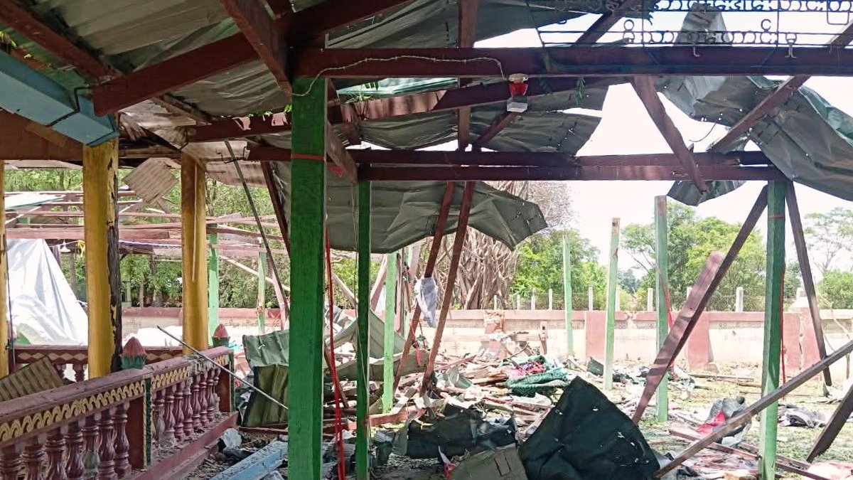 Debris litters a Buddhist monastery after an airstrike hit Swel Le Oh village in Myaung Township, Sagaing Region, Myanmar, Aug. 21, 2026. (AP Photo)