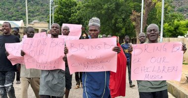 Parents of abducted students hold placards during a protest calling for the release of their children, as students remain in the custody of their captors in Askira-Uba, Borno State, Nigeria, Aug. 20, 2026. (Reuters Photo)