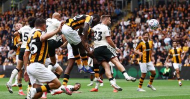 Hull City's Nobel Mendy scores during the Premier League match against Manchester United at MKM Stadium, Hull, U.K., Aug. 22, 2026. (Reuters Photo)