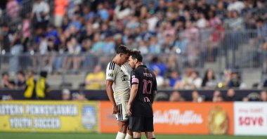 Philadelphia Union midfielder Quinn Sullivan (L) and Inter Miami CF forward Lionel Messi react during the MLS match at Subaru Park, Chester, U.S., Aug. 19, 2026. (Reuters Photo)