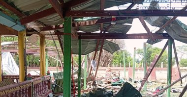 Debris litters a Buddhist monastery after an airstrike hit Swel Le Oh village in Myaung Township, Sagaing Region, Myanmar, Aug. 21, 2026. (AP Photo)