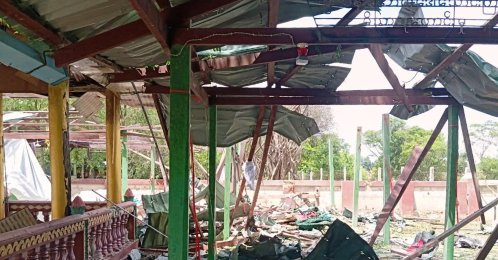 Debris litters a Buddhist monastery after an airstrike hit Swel Le Oh village in Myaung Township, Sagaing Region, Myanmar, Aug. 21, 2026. (AP Photo)