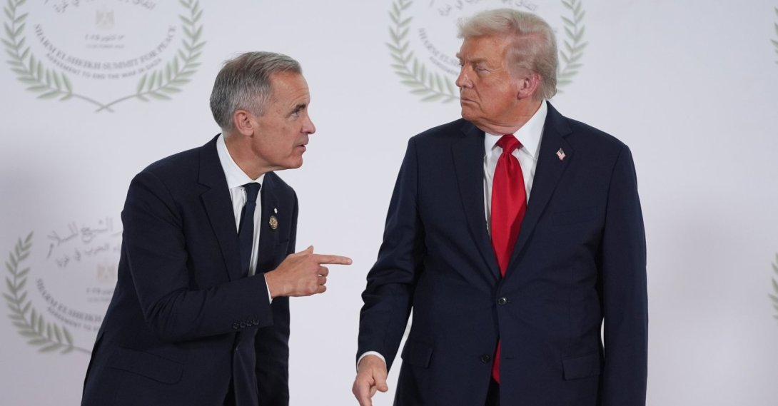 President Donald Trump (R) greets Canada's Prime Minister Mark Carney during a summit to support ending the more than two-year Israel-Hamas war in Gaza after a breakthrough cease-fire deal, Sharm El Sheikh, Egypt, Oct. 13, 2025. (AP Photo)