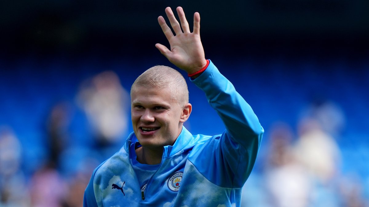 Manchester City's Erling Haaland gestures ahead of the English Premier League match against Bournemouth in Manchester, Aug. 23, 2026. (AP Photo)