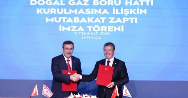 Turkish Vice President Cevdet Yılmaz (L) signs the MoU on natural gas with TRNC Prime Minister Ünal Üstel, Lefkoşa (Nicosia), TRNC, July 10, 2026. (AA Photo)