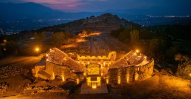An aerial view of the restored ancient theater at Tlos illuminated by a solar energy system, Muğla, Türkiye, Aug. 22, 2026. (AA Photo)