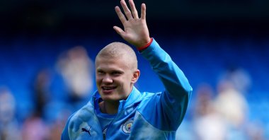 Manchester City's Erling Haaland gestures ahead of the English Premier League match against Bournemouth in Manchester, Aug. 23, 2026. (AP Photo)