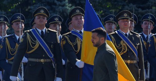 Ukraine's President Volodymyr Zelenskyy arrives for a ceremony to mark the National Flag Day, in Kyiv, Ukraine, Aug. 23, 2026. (Reuters Photo)