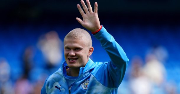 Manchester City's Erling Haaland gestures ahead of the English Premier League match against Bournemouth in Manchester, Aug. 23, 2026. (AP Photo)