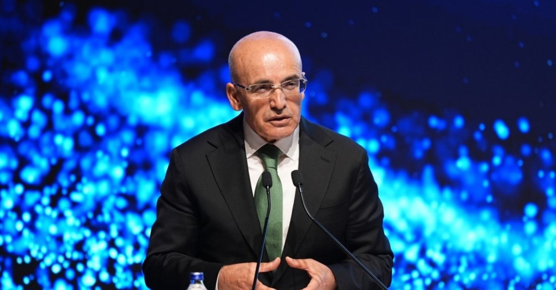 Treasury and Finance Minister Mehmet Şimşek speaks at an event, Istanbul, Türkiye, June 12, 2026. (AA Photo)