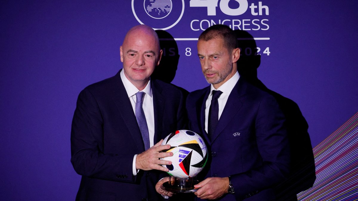FIFA president Gianni Infantino and UEFA president Aleksander Ceferin during the UEFA Congress Paris, France, Feb.8, 2024 (Reuters Photo)