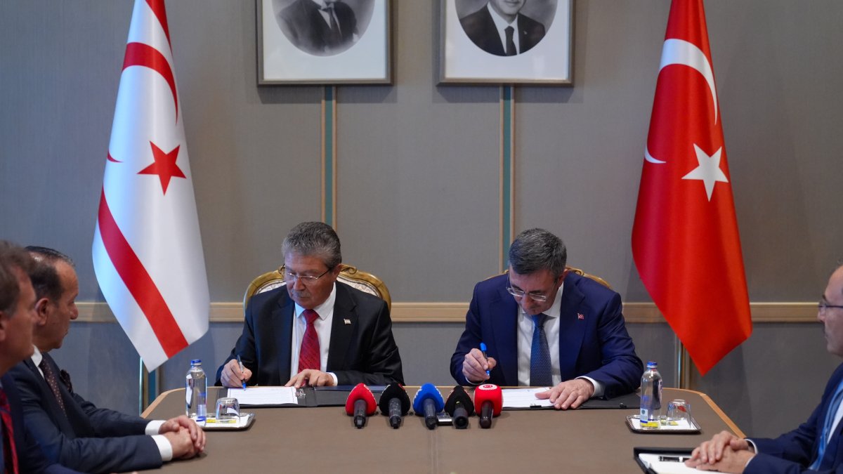 Vice President Cevdet Yılmaz (R) meets with the Turkish Republic of Northern Cyprus (TRNC) Prime Minister Ünal Üstel (L) at the Presidential Complex, Ankara, Türkiye, Aug. 19, 2026. (AA Photo)