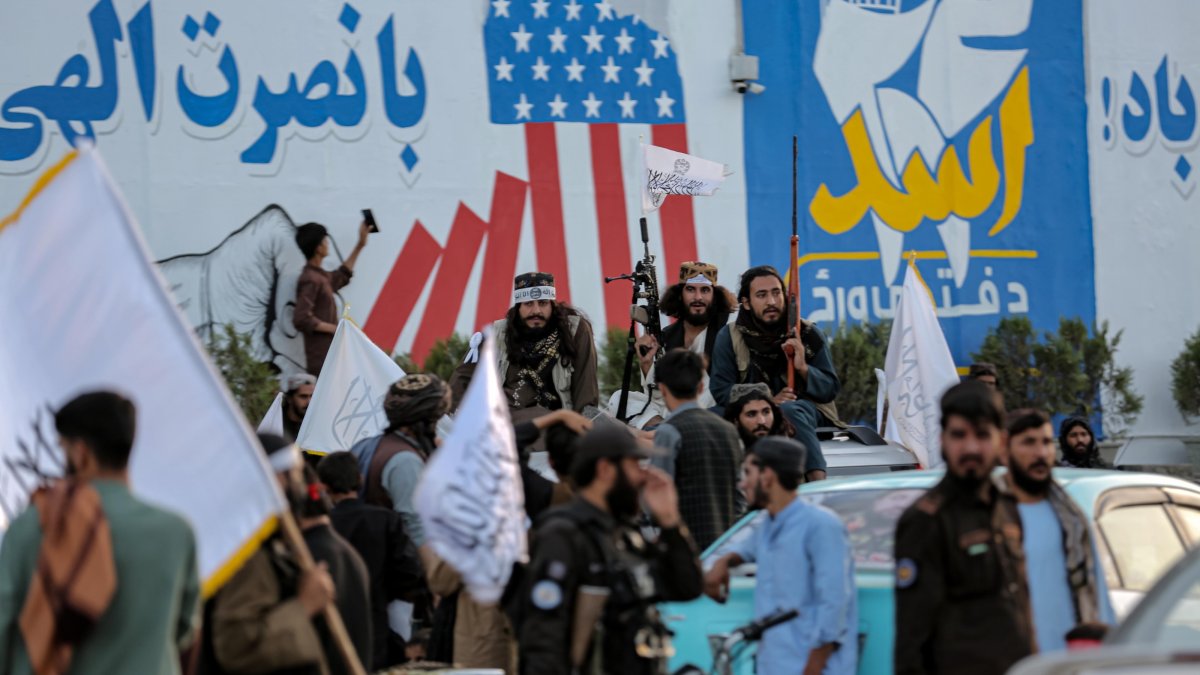 Taliban government security officials secure a rally to mark the fifth anniversary of the Taliban takeover of the country, Kabul, Afghanistan, Aug. 15, 2026. (EPA Photo)