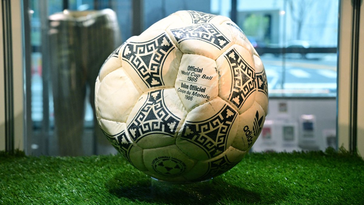 The ball used in Maradona’s iconic "Hand of God" goal at the 1986 World Cup quarterfinals between Argentina and England is displayed before auction at Heritage Auctions, California, U.S, Aug. 7, 2026. (AFP Photo)