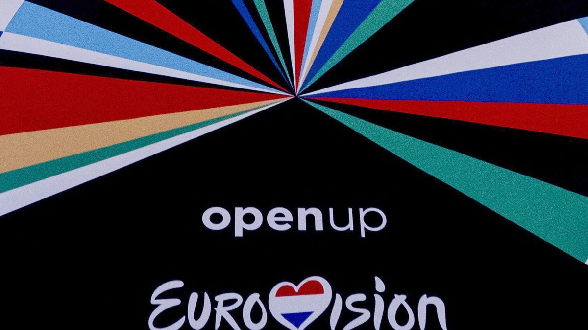 A picture shows a banner depicting the logo of the 65th edition of the Eurovision Song Contest, Rotterdam, the Netherlands, Jan. 28, 2020. (AFP Photo)