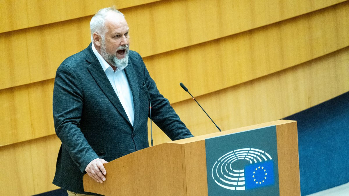 Jonas Sjostedt speaks during the plenary session of the European Parliament in Brussels, Belgium, May 21, 2025. (AFP File Photo)