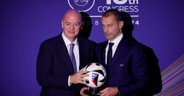 FIFA president Gianni Infantino and UEFA president Aleksander Ceferin during the UEFA Congress Paris, France, Feb.8, 2024 (Reuters Photo)