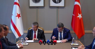 Vice President Cevdet Yılmaz (R) meets with the Turkish Republic of Northern Cyprus (TRNC) Prime Minister Ünal Üstel (L) at the Presidential Complex, Ankara, Türkiye, Aug. 19, 2026. (AA Photo)