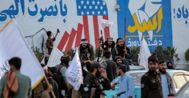 Taliban government security officials secure a rally to mark the fifth anniversary of the Taliban takeover of the country, Kabul, Afghanistan, Aug. 15, 2026. (EPA Photo)