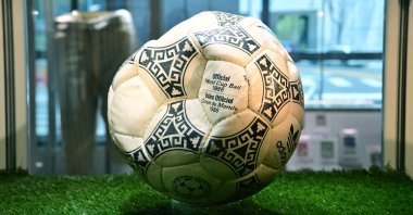 The ball used in Maradona’s iconic "Hand of God" goal at the 1986 World Cup quarterfinals between Argentina and England is displayed before auction at Heritage Auctions, California, U.S, Aug. 7, 2026. (AFP Photo)