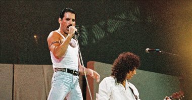 Freddie Mercury of Queen performs on stage at Live Aid at Wembley Stadium, London, U.K., July 13, 1985. (Getty Images Photo)
