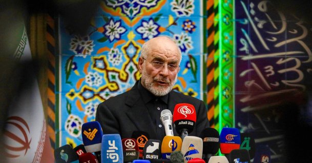 Iran's Parliament Speaker Mohammad Bagher Ghalibaf gives a press conference at Imam Hassan al-Mujtaba Mosque in Iraq's central holy shrine city of Karbala, Aug. 20, 2026.  (AFP Photo)