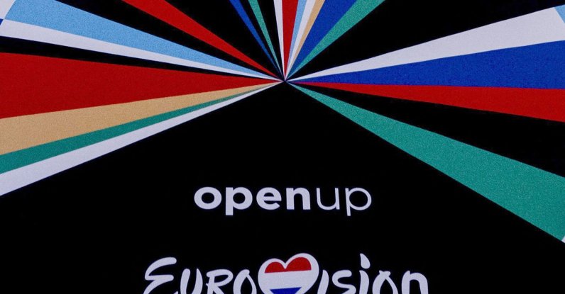 A picture shows a banner depicting the logo of the 65th edition of the Eurovision Song Contest, Rotterdam, the Netherlands, Jan. 28, 2020. (AFP Photo)