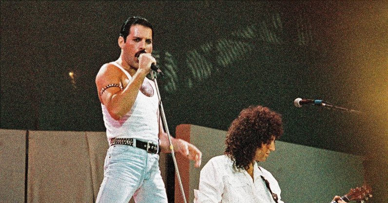 Freddie Mercury of Queen performs on stage at Live Aid at Wembley Stadium, London, U.K., July 13, 1985. (Getty Images Photo)