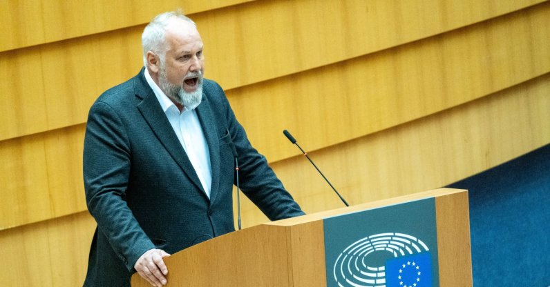 Jonas Sjostedt speaks during the plenary session of the European Parliament in Brussels, Belgium, May 21, 2025. (AFP File Photo)