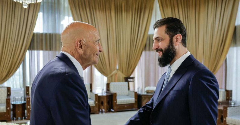 This handout picture released by the Syrian Presidency&amp;#039;s Telegram page, shows Syria&amp;#039;s President Ahmed al-Sharaa (R) shaking hands with U.S. envoy Tom Barrack at the Presidential Palace in Damascus, Syria, Jan. 18, 2026. (AFP Photo)