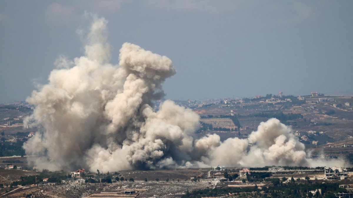 Clouds of smoke rise from the site of an Israeli controlled explosion in the village of Kfartibnit, Marjayoun, southern Lebanon, Aug. 24, 2026. (AFP Photo)
