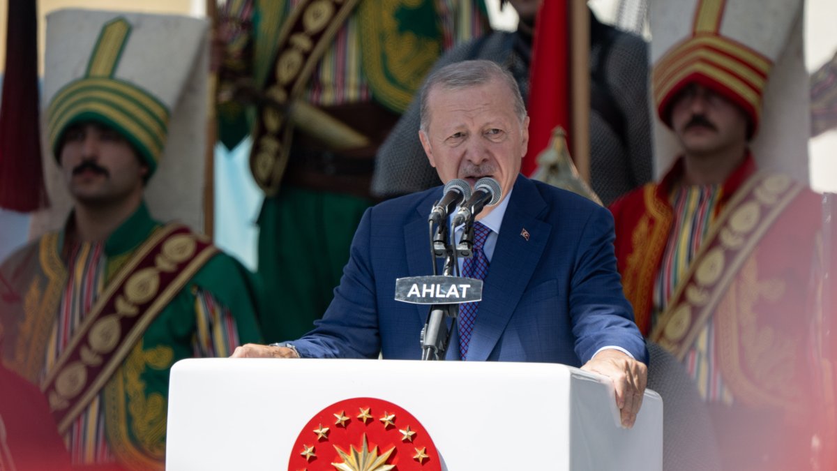 President Recep Tayyip Erdoğan delivers a speech during a program marking the 955th anniversary of the Malazgirt victory in Ahlat, Bitlis, Türkiye, Aug. 25, 2026. (AA Photo)